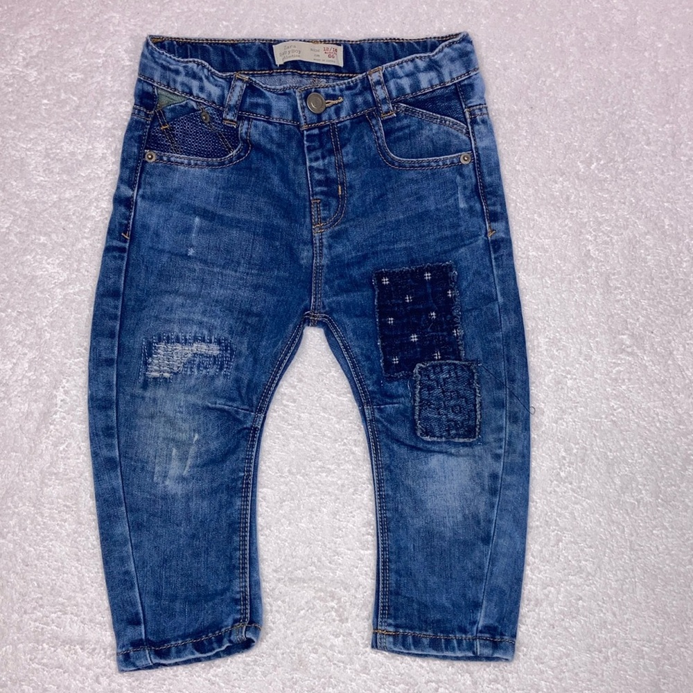 Zara baby boy distressed patched indigo jeans 12/18m